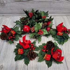 Set of 5 Christmas Candle Rings Pillar Taper Holiday Holly‎ Berry Pine Cone Vtg